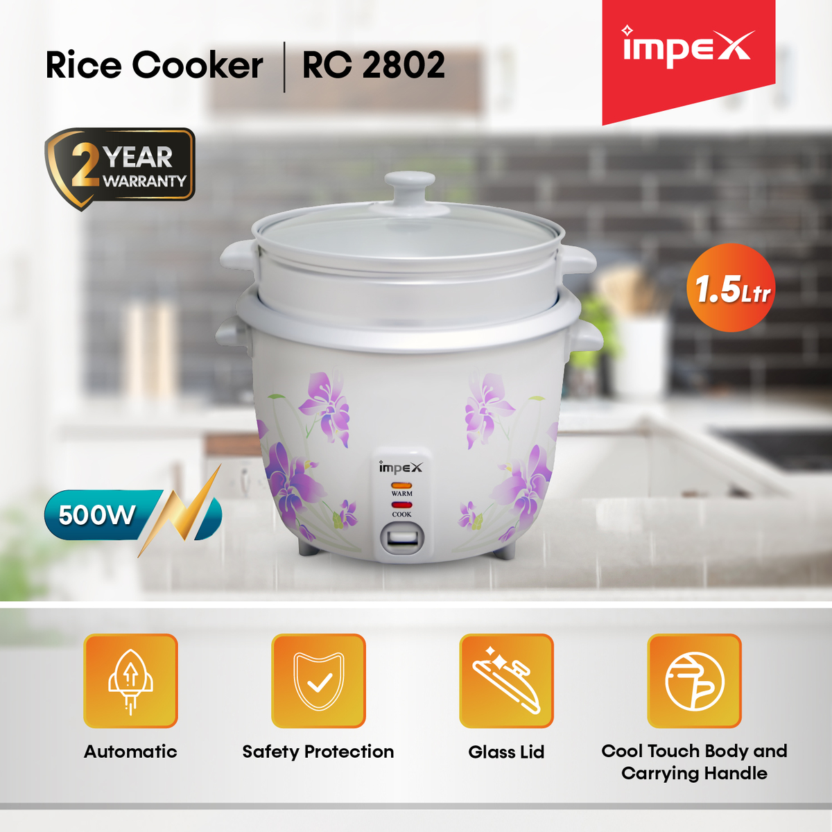 Impex RC 2802 1.5 Litre 500 W Electric Rice Cooker with Automatic Cooking