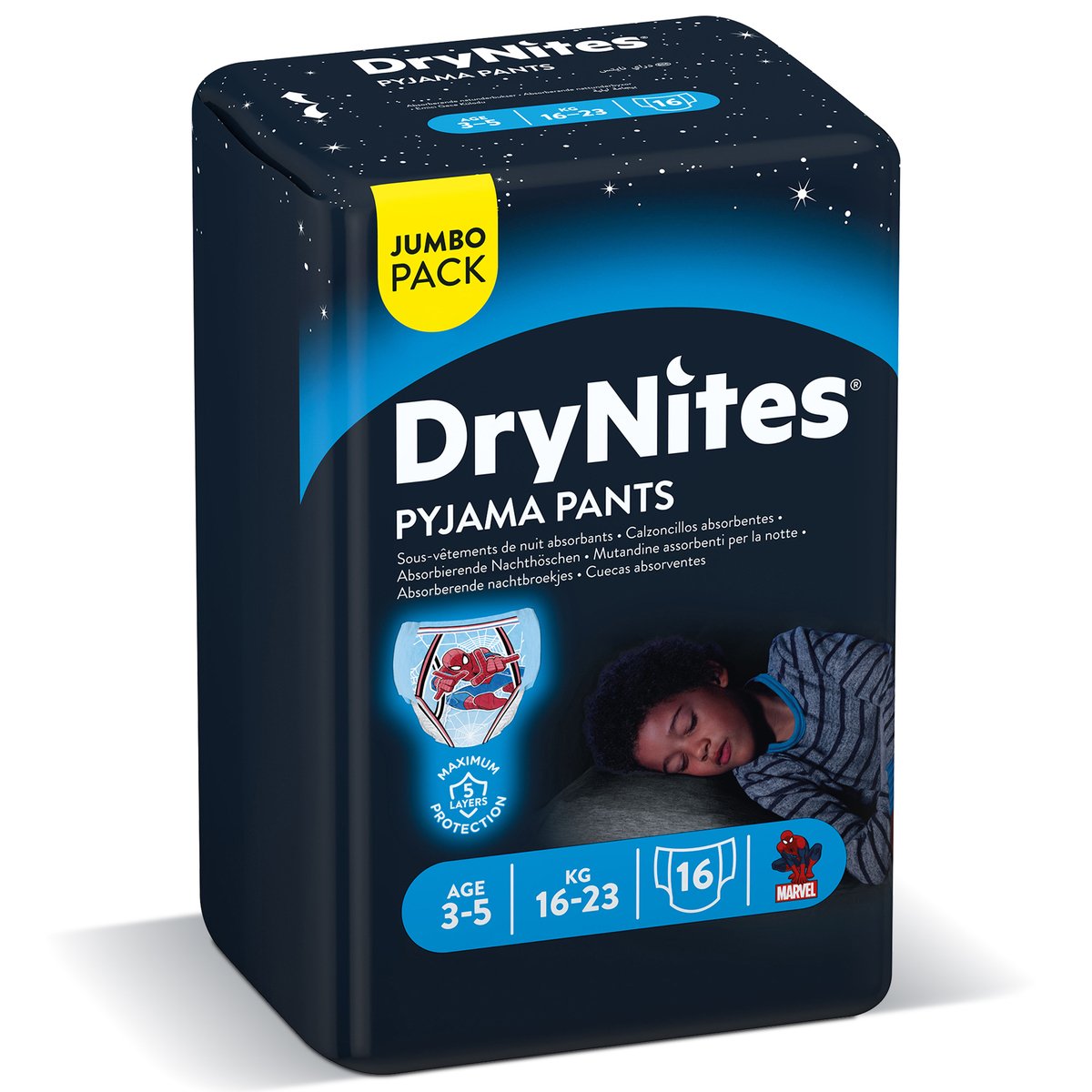 Huggies DryNites Pyjama Pants, 3-5 years, Bed Wetting Diaper, Boy, 16-23 kg, Jumbo Pack, 16 pcs