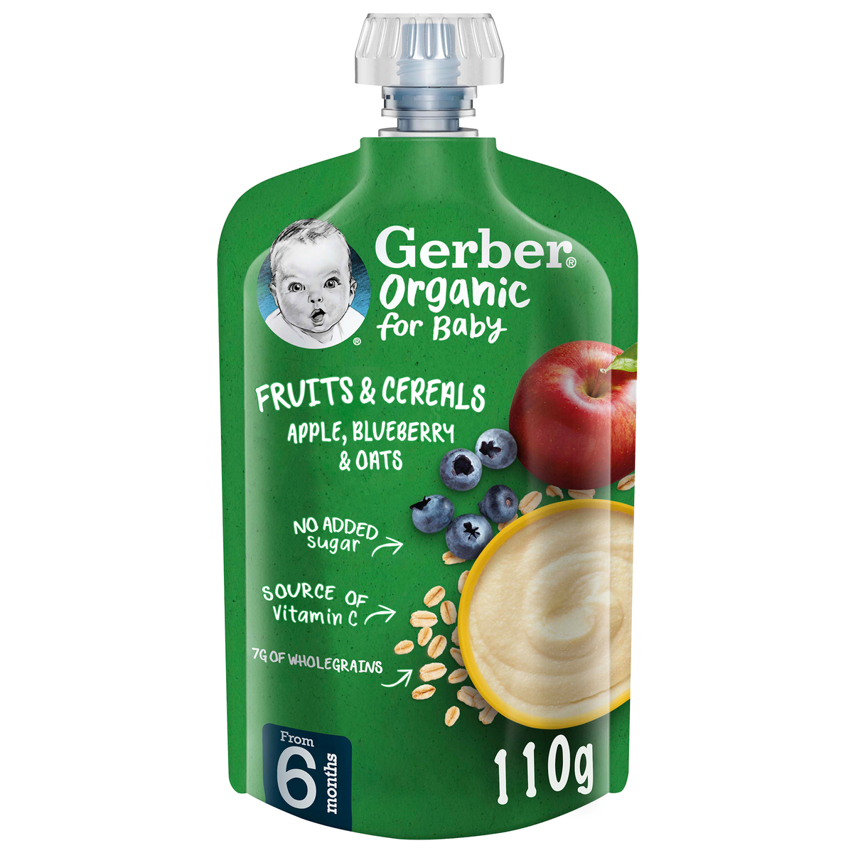 Gerber Organic Apple Blueberry & Oats Fruits & Cereals For Baby From, 6 Months, 110 g