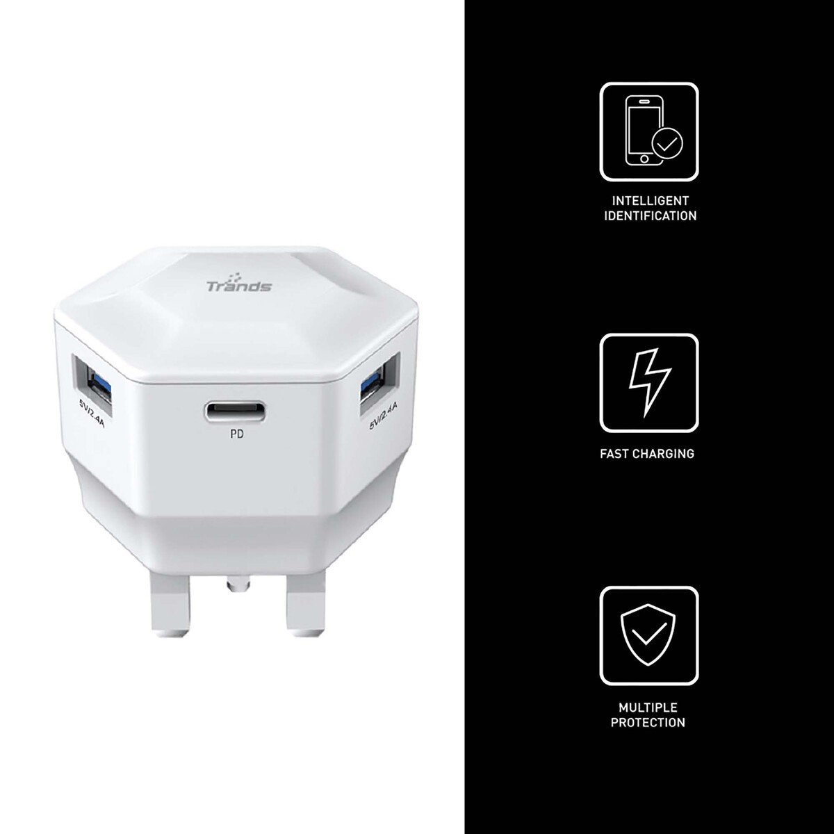Trands 30W PD Dual USB Ports, Type-C Ports Travel Charger with Type-C to Lightning Cable, White