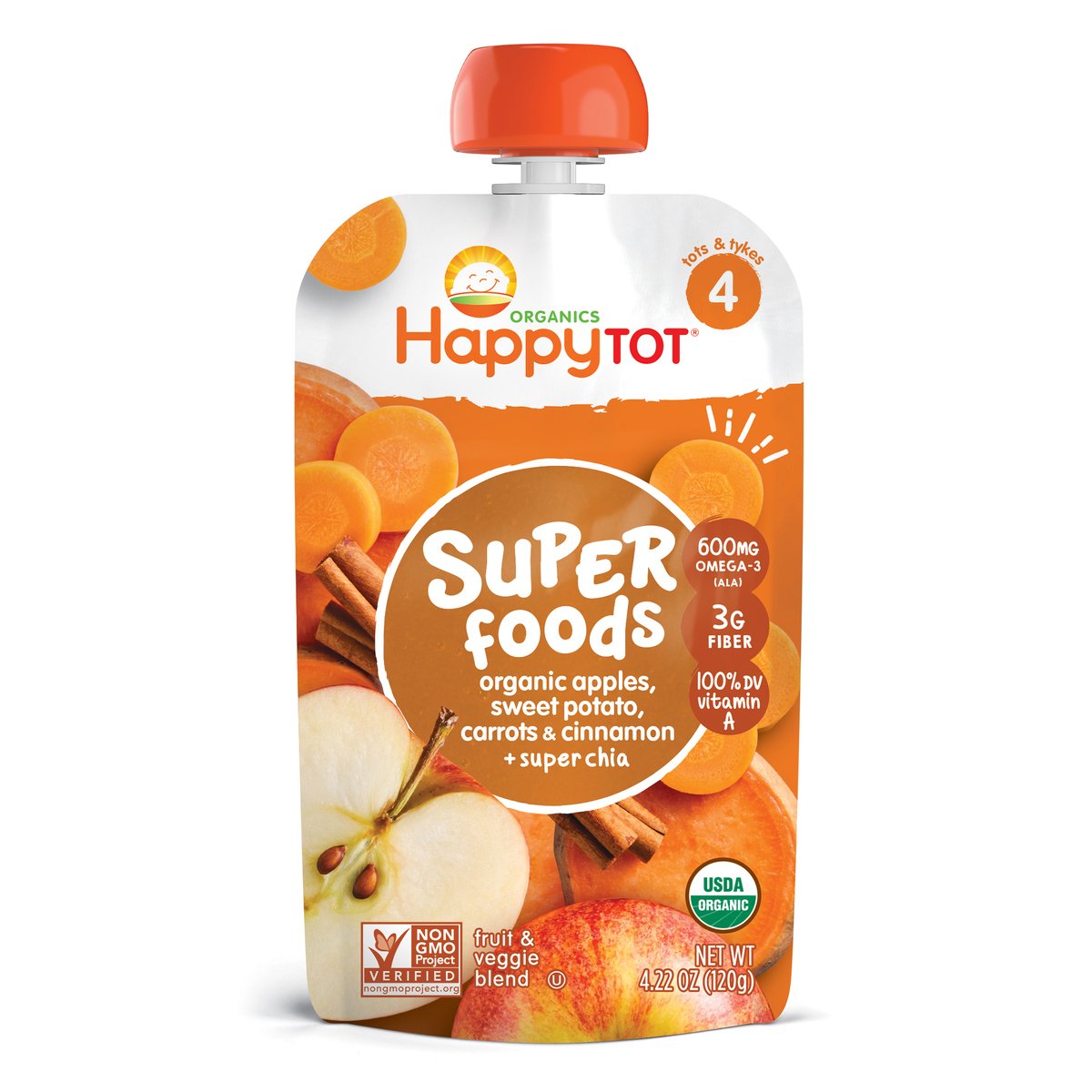 Happy Family Stage 4 Organic Apples, Sweet Potato, Carrots & Cinnamon + Super Chia Super Foods 120 g
