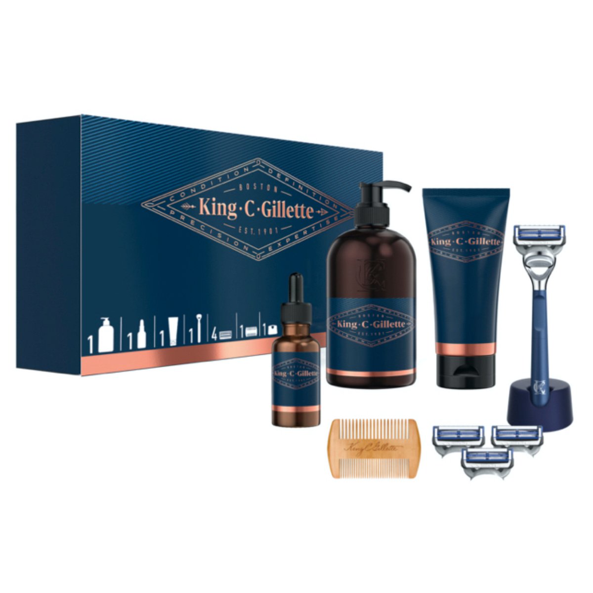 King C. Gillette Complete Beard Grooming Kit for Men, Beard & Face Wash + Beard Oil + Neck Razor + 3 Replacement Carts+ Comb + Razor Stand