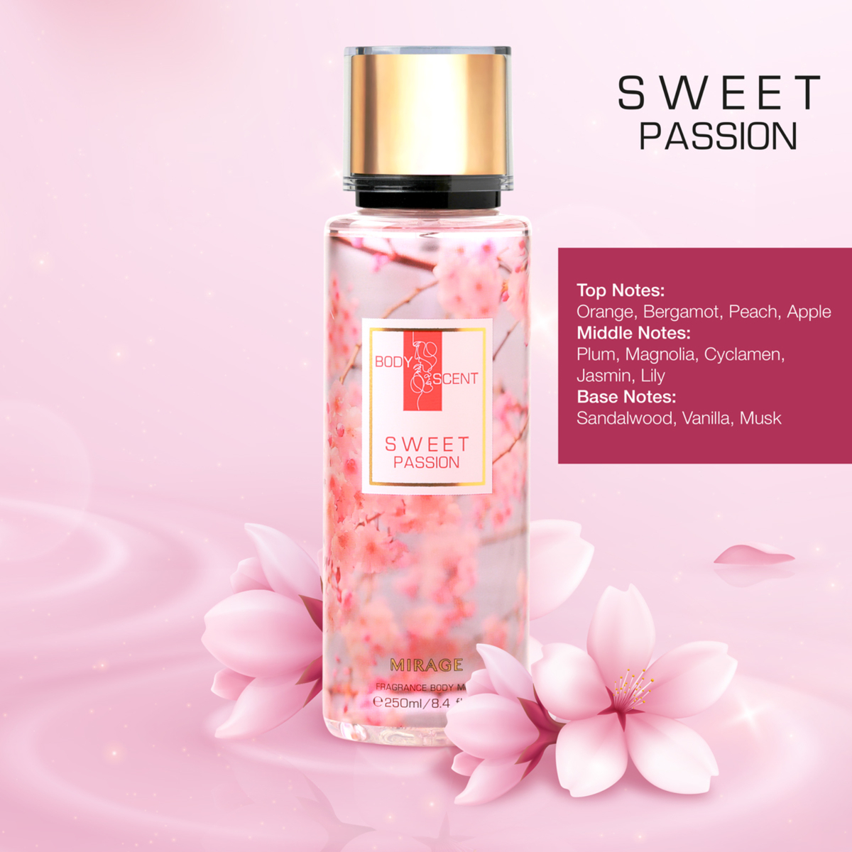 Body Scent Mirage Fragrance Body Mist for Women, Sweet Passion, 250 ml