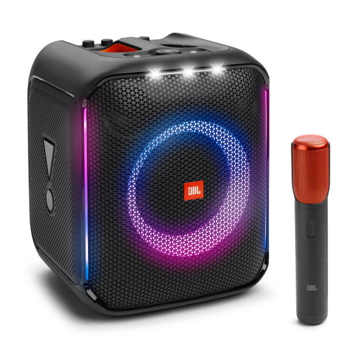 JBL Partybox Encore Portable party speaker with 100W powerful sound, built-in dynamic light show, included digital wireless mic, and splash proof design.
