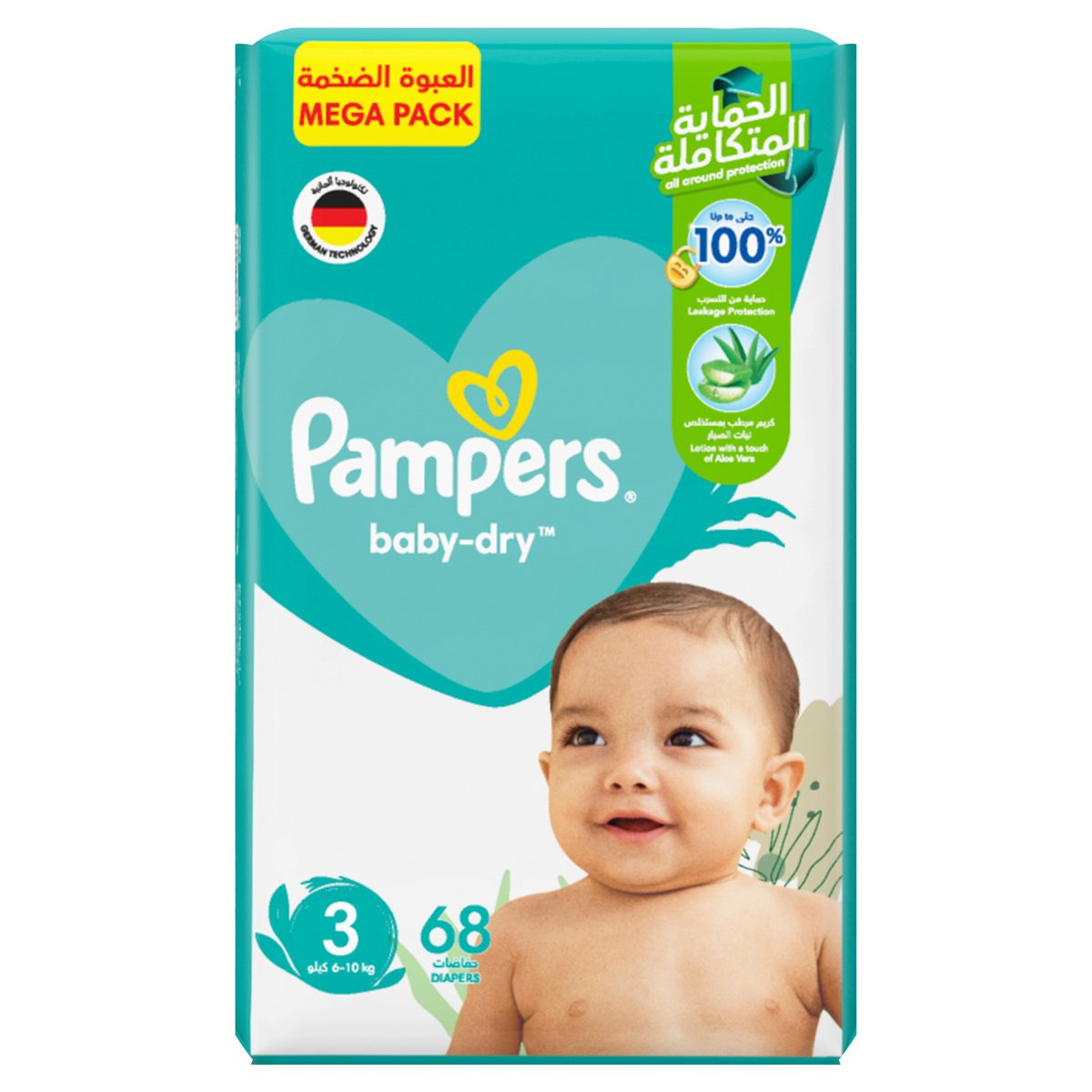 Pampers Baby-Dry Taped Diapers with Aloe Vera Lotion, up to 100% Leakage Protection, Size 3, 6-10kg, 68 pcs