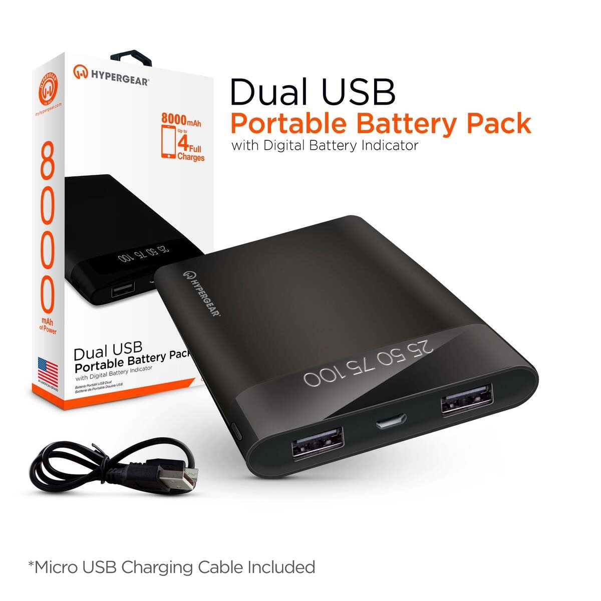 HYPERGEAR 16000mAh Universal Dual USB Portable Battery Pack with Digital Battery Indicator - Black