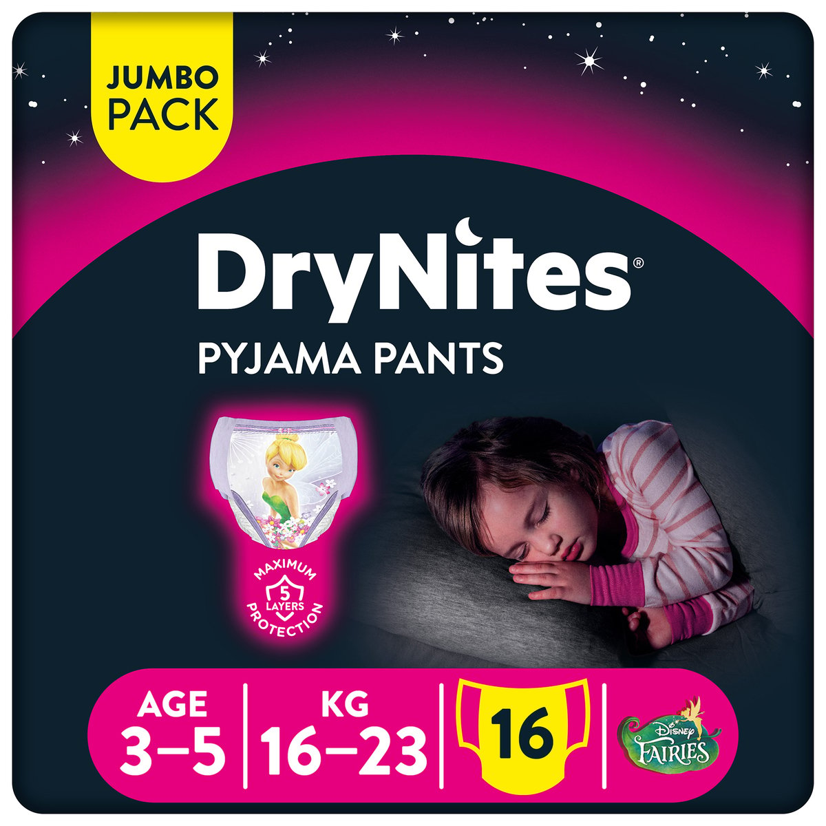 Huggies DryNites Pyjama Pants 3-5 years Bed Wetting Diaper Girl 16-23 kg Jumbo Pack 16 pcs