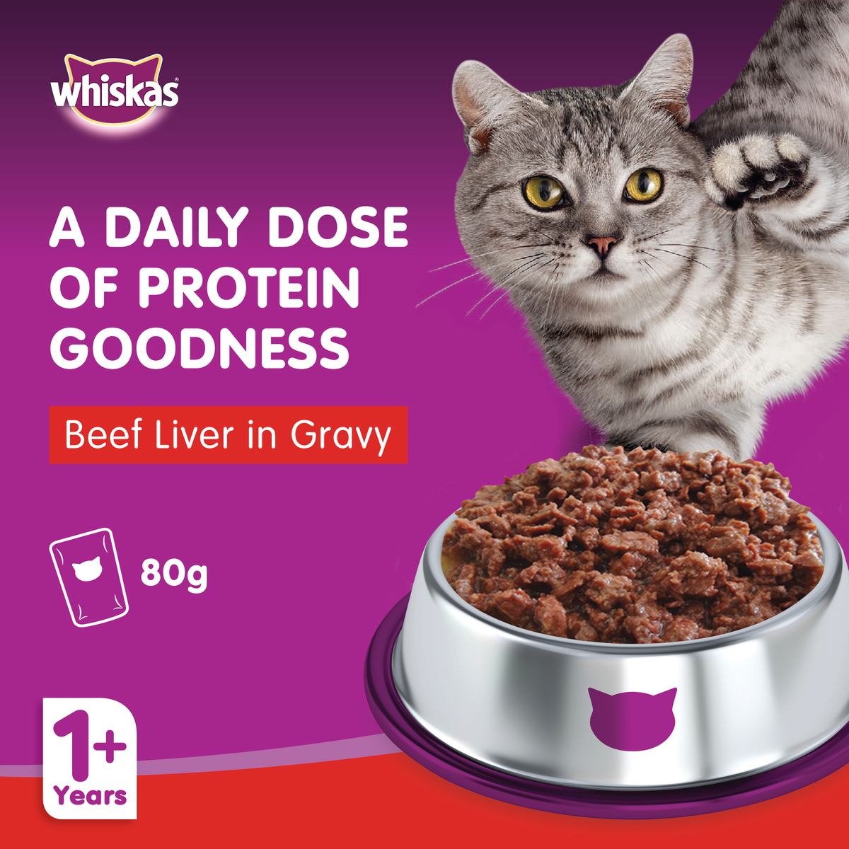 Whiskas Beef Liver in Gravy Wet Cat Food Pouch for 1+ Years Adult Cats 4x80 g