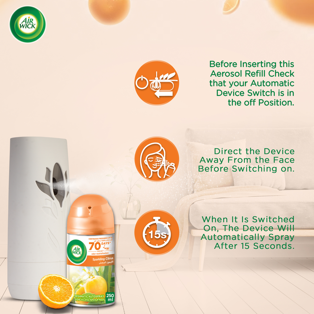 Air Wick Pure Orange & Grapefruit 2 X 250ml Automatic Spray Refill Pack