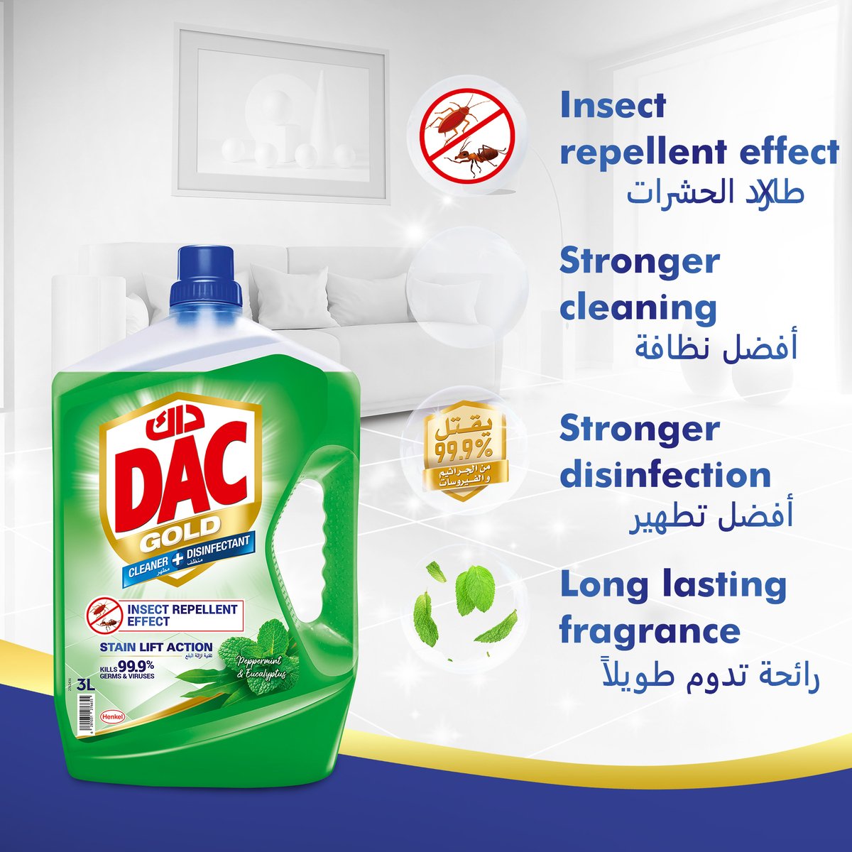 Dac Cleaner Disinfectant Peppermint & Eucalyptus 3 Litres + 1 Litre