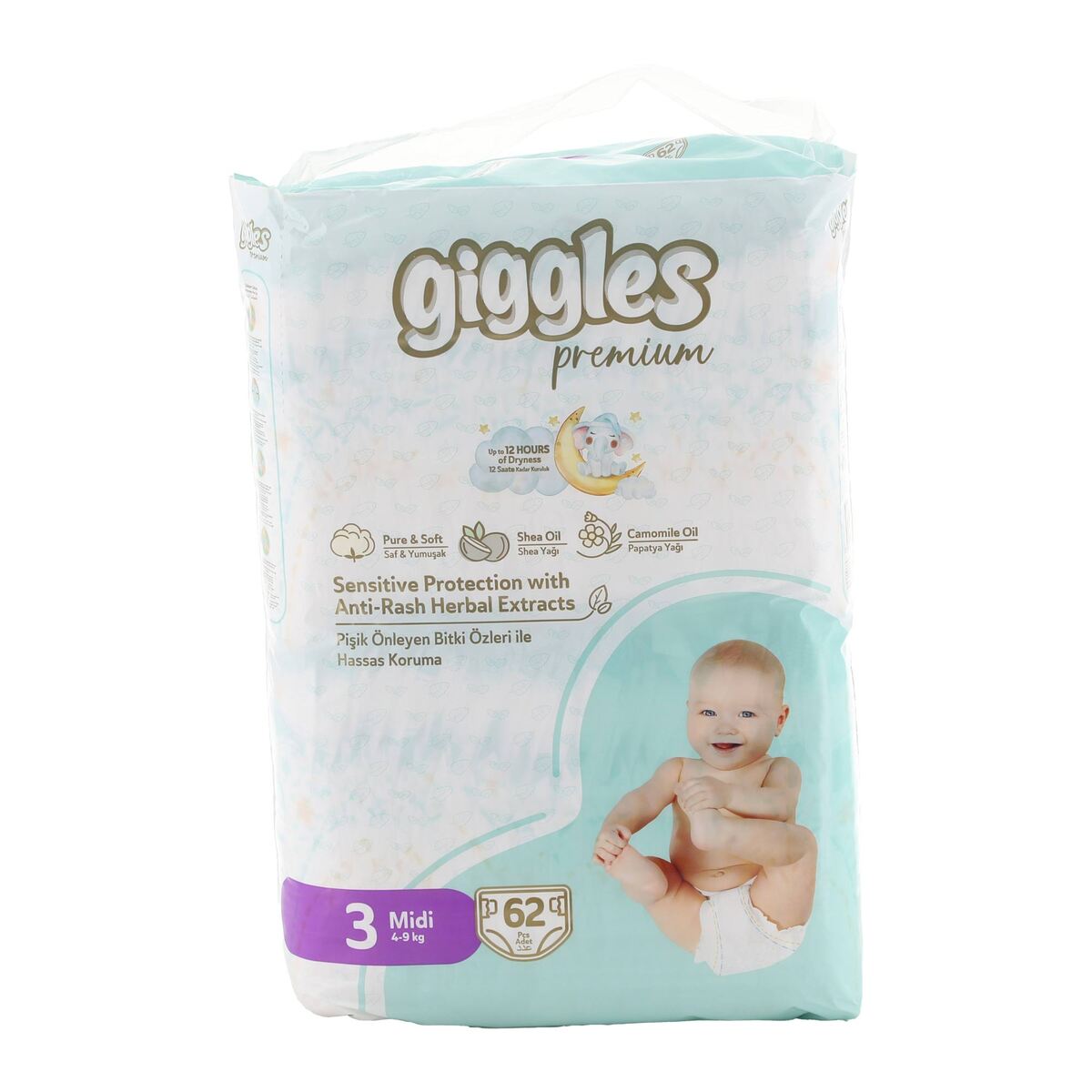 Giggles Premium Baby Diaper Midi Size 3 4-9kg 62 pcs