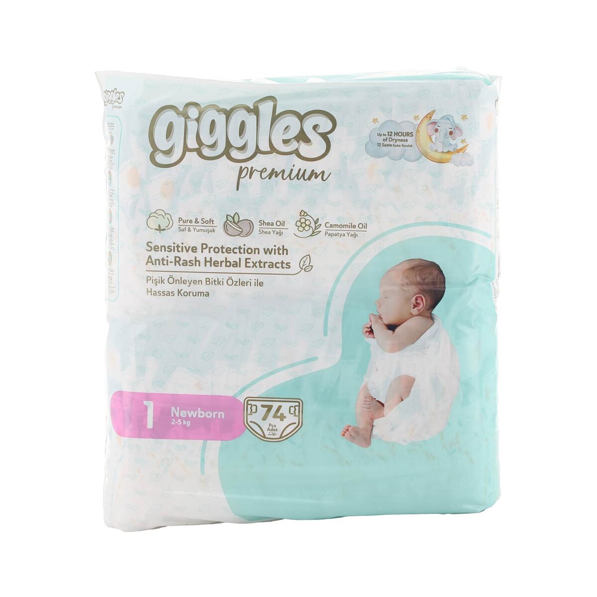 Giggles Premium Newborn Baby Diaper Size 1 2-5kg 74 pcs