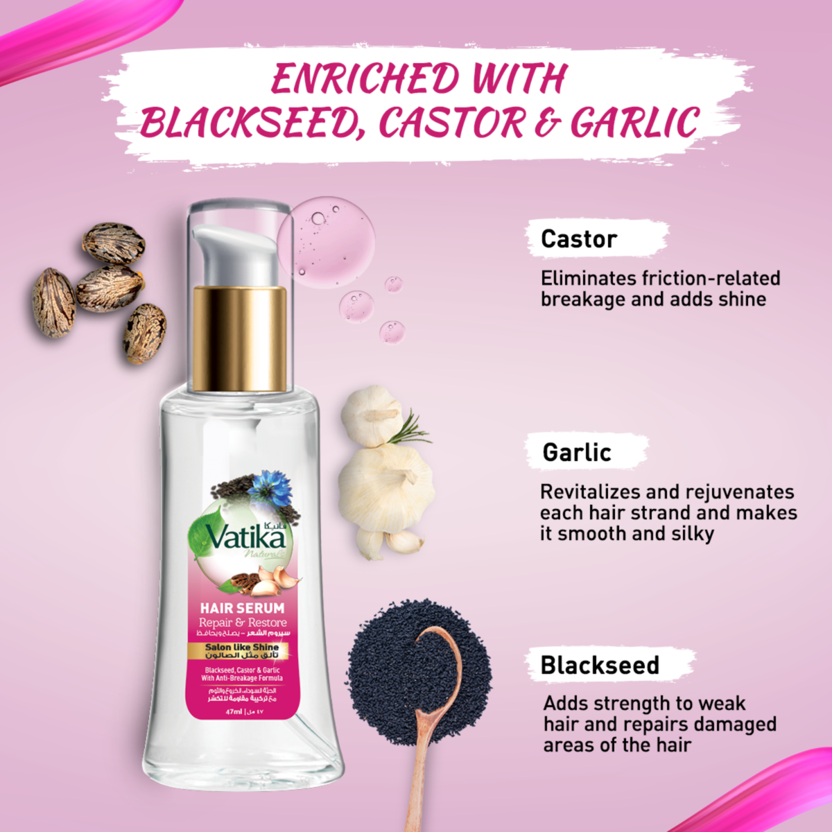 Vatika Naturals Repair & Restore Hair Serum Black Seed, Castor & Garlic with Anti-Breakage Formula 47 ml