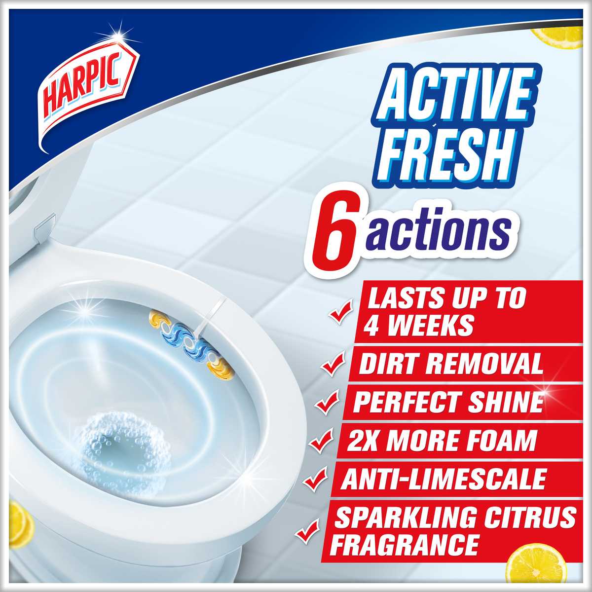 Harpic Active Fresh Toilet Cleaner Rim Block Sparkling Citrus 35 g 2+1
