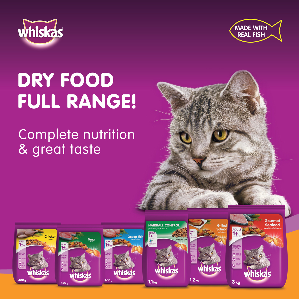 Whiskas Grilled Salmon Dry Food for Adult Cats 1+ Years 1.2kg