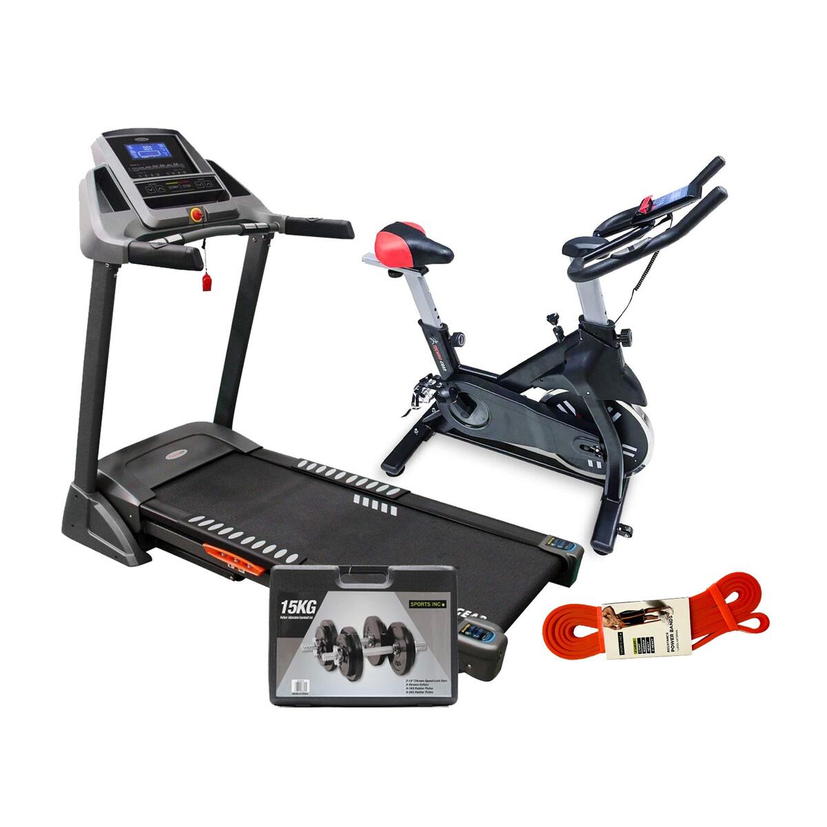 Techno Gear Treadmill ET1501A 2.5HP + Techno Gear Spinning Bike MZ-681 + Sports INC Dumbbell Set W-025-B 15kg + Sports INC Resistance Power Band 64mm VF97660 Assorted Color, 1pc