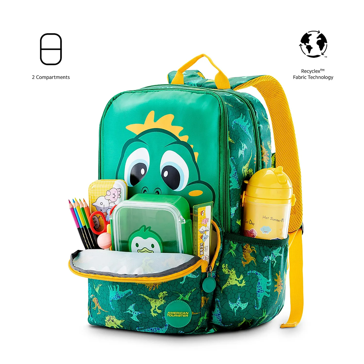 American Tourister Diddle 2.0 School Bagpack, 21 L Volume, Dino Green