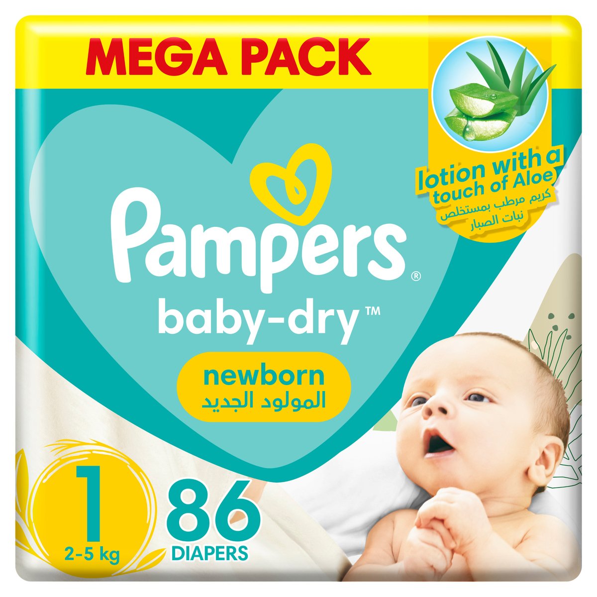 Pampers Baby-Dry Newborn Taped Diapers with Aloe Vera Lotion, up to 100% Leakage Protection, Size 1, 2-5kg, Mega Pack, 86 pcs