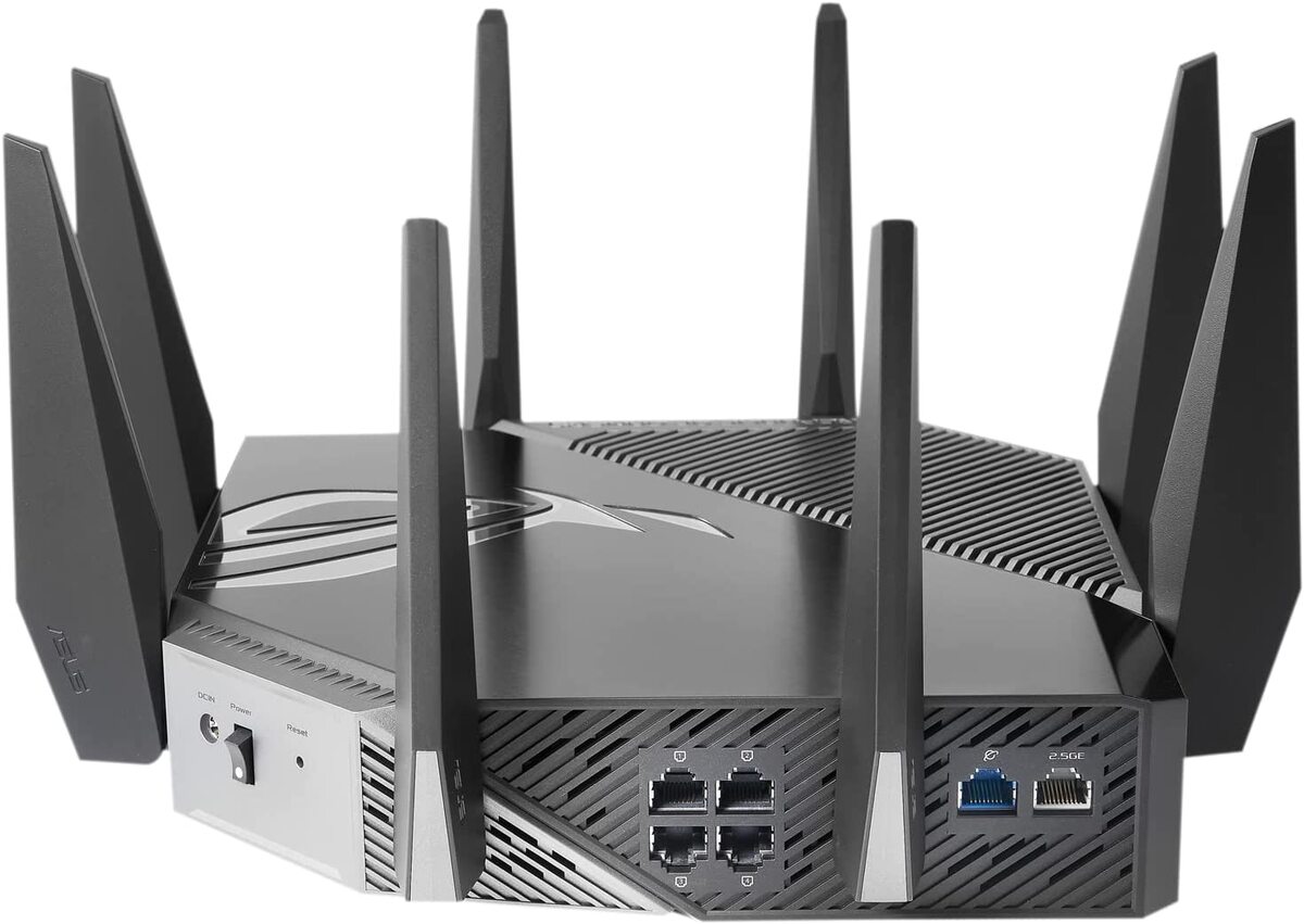 راوتر ASUS ROG Rapture GT-AXE11000 ثلاثي الموجات WiFi 6E (802.11ax) للألعاب ، ونطاق 6 جيجاهرتز جديد ، ومنفذ 2.5G WAN / LAN ، ومتوافق مع PS5 ، وتجميع WAN ، و VPN Fusion ، وتسريع الألعاب ثلاثي المستوى ، وأمان الشبكة المجاني ، ودعم AiMesh