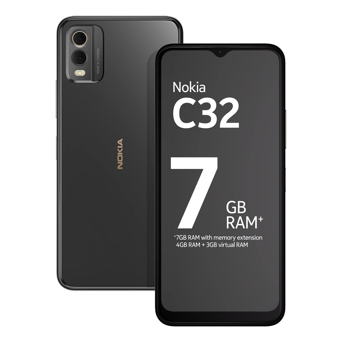 Nokia C32 4G Smartphone, 6 GB + 6 GB Virtual RAM, 128 GB Storage, Charcoal, TA1534