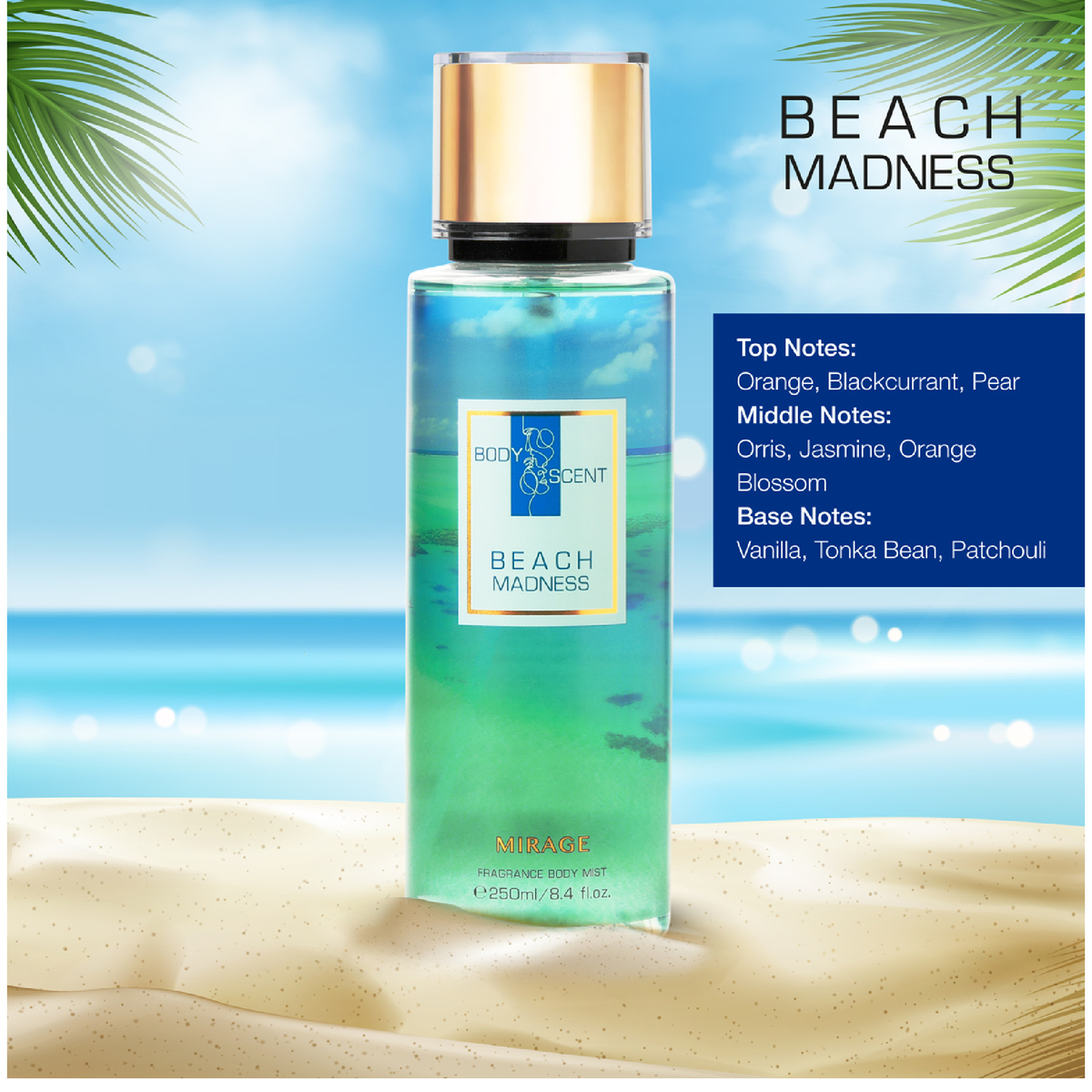 Body Scent Mirage Fragrance Body Mist for Women, Beach Madness, 250 ml
