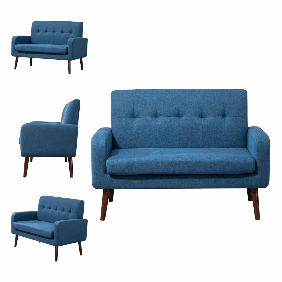 Zestoria, Blue  2-Seater Tufted Linen Fabric Sofa, Track Arm Style, Solid Stiletto legs, Comfy for Living Room, Bedroom, Home Office