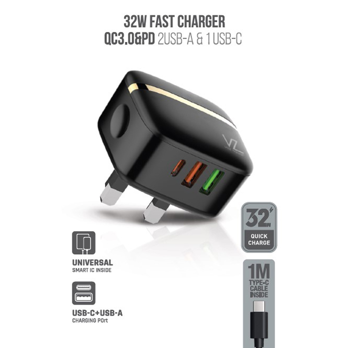 Voz 32W Three port Wall Charger With PD+QC 3.0 Port Type C Cable, Black, VZWPD02T