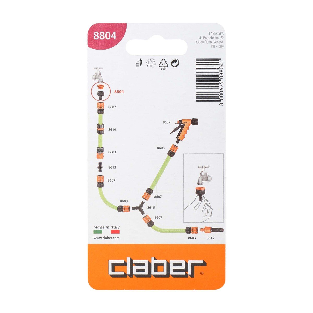 Claber Multi Threaded Tap Connector, 1/2inch-3/4inch, Black/Orange, 8804