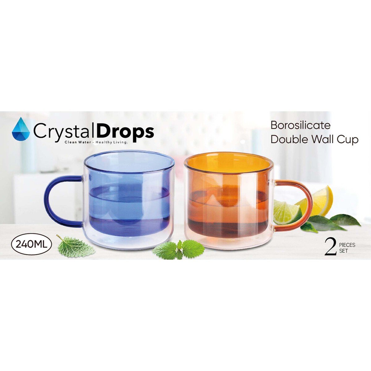 Crystal Drops Borosilicate Double Wall Cup Set, 240 ml, 2 Pcs