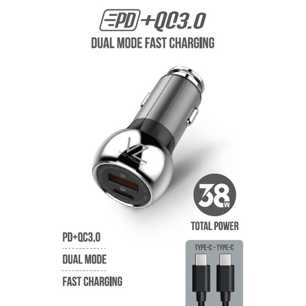 Voz Dual Mode Car Fast Charger PD+QC 3.0 with Type-C To Type-C Cable, 38 W, VCCPD03T