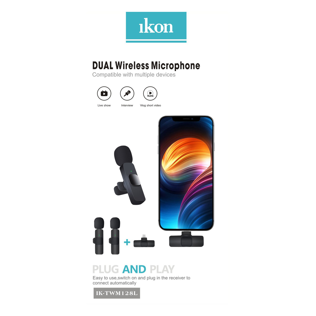 Ikon Wireless-Clipper Microphone, Black, IKTWM128L