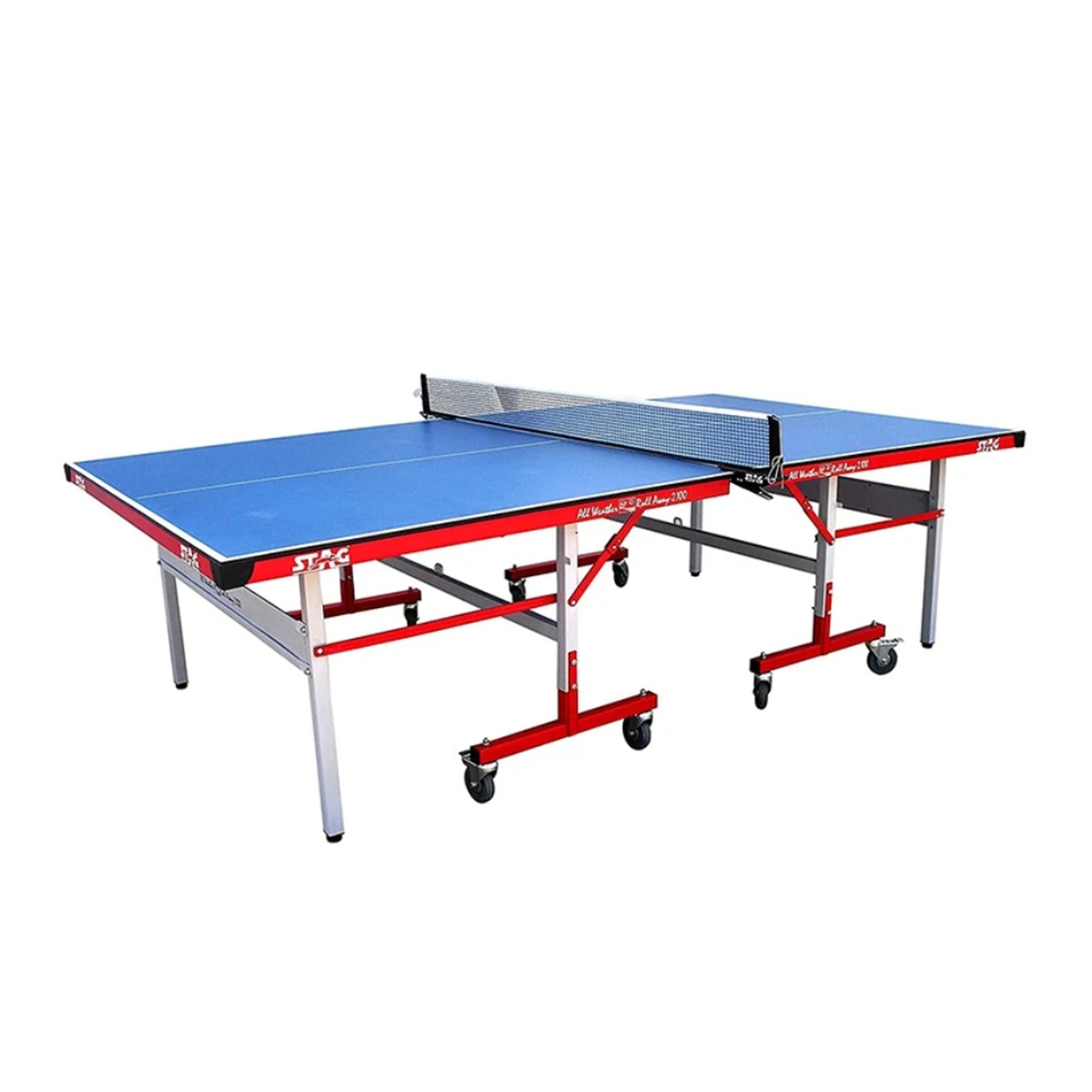 ستاج طاولة تنس طاولة قابلة للطي للأماكن الخارجية مع سطح مدمج، 12 ملم، أزرق/أحمر، TTOU-40