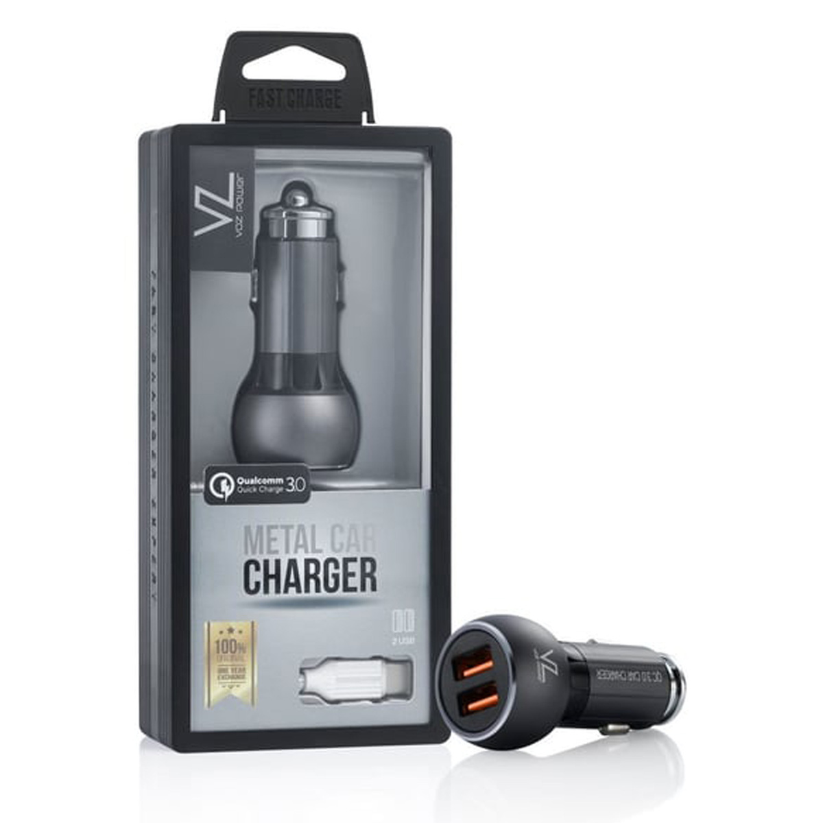 Voz QC 3.0 Fast Charging Dual Port Car Charger with Type C Cable, 3.4 A, 1 M, Gray, VCC2Q