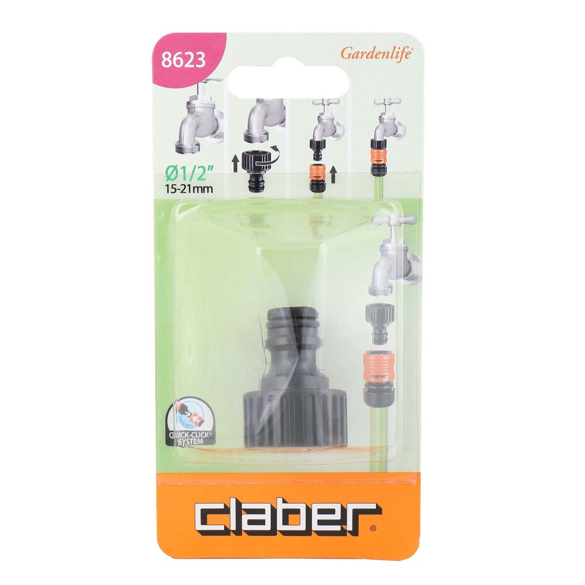 Claber Threaded Tap Connector, 1/2 inches, Black, 8623