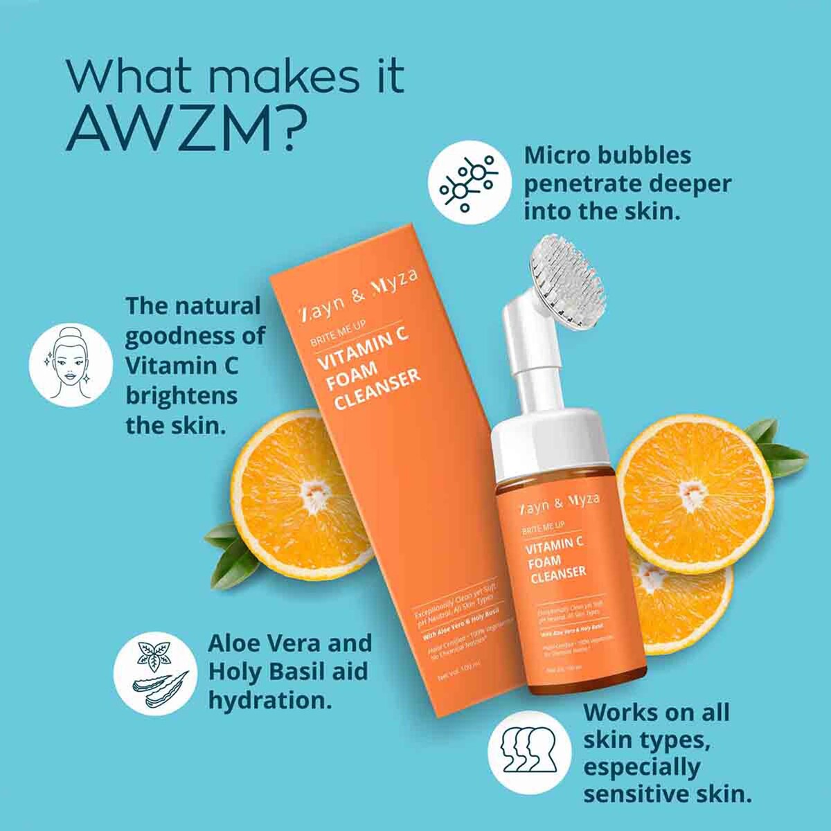 Zayn & Myza Vitamin C Foaming Face Wash with Silicone Cleanser Brush for Glowing Skin, Hyper pigmented & Dull Skin, 100 ml