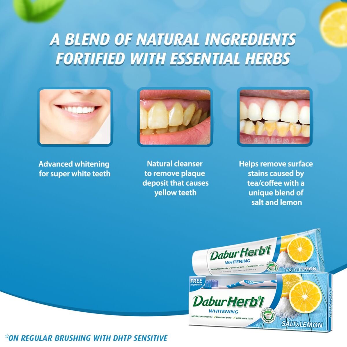 Dabur Herbal Whitening Salt & Lemon Toothpaste 2 x 150 g + Toothbrush
