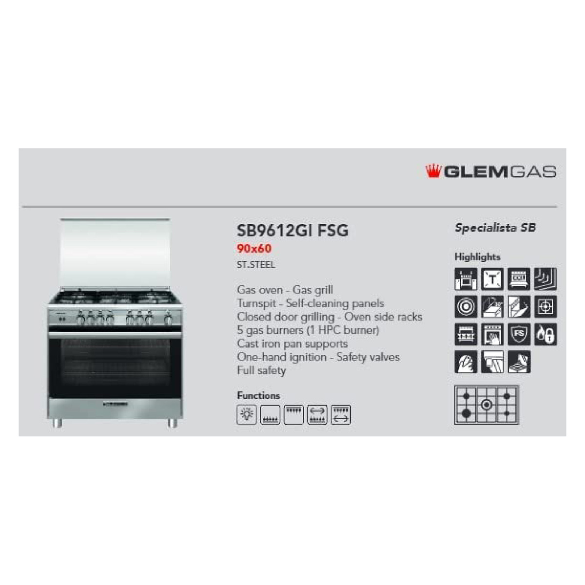 Glemgas Specialista Base Gas Cooking Range With 5 Burners, Stainless Steel, 90X60 cm, SB9612GIFSG