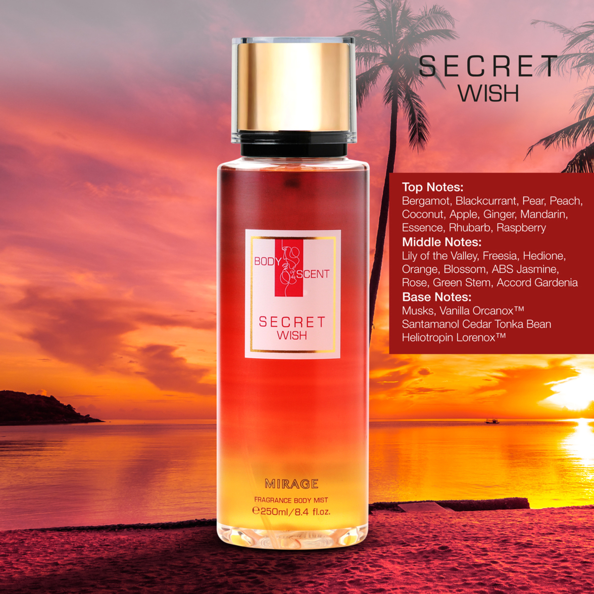 Body Scent Mirage Fragrance Body Mist for Women, Secret Wish, 250 ml