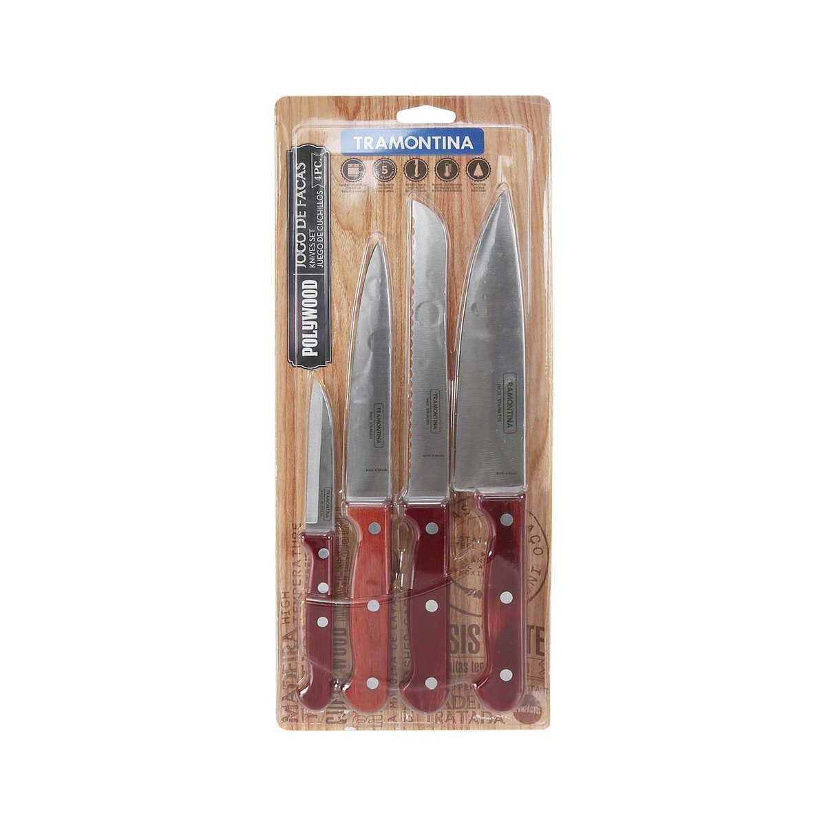 Tramontina Stainless Steel Knife Set With Wooden Handle, 4 Pcs, Inox, 21199781