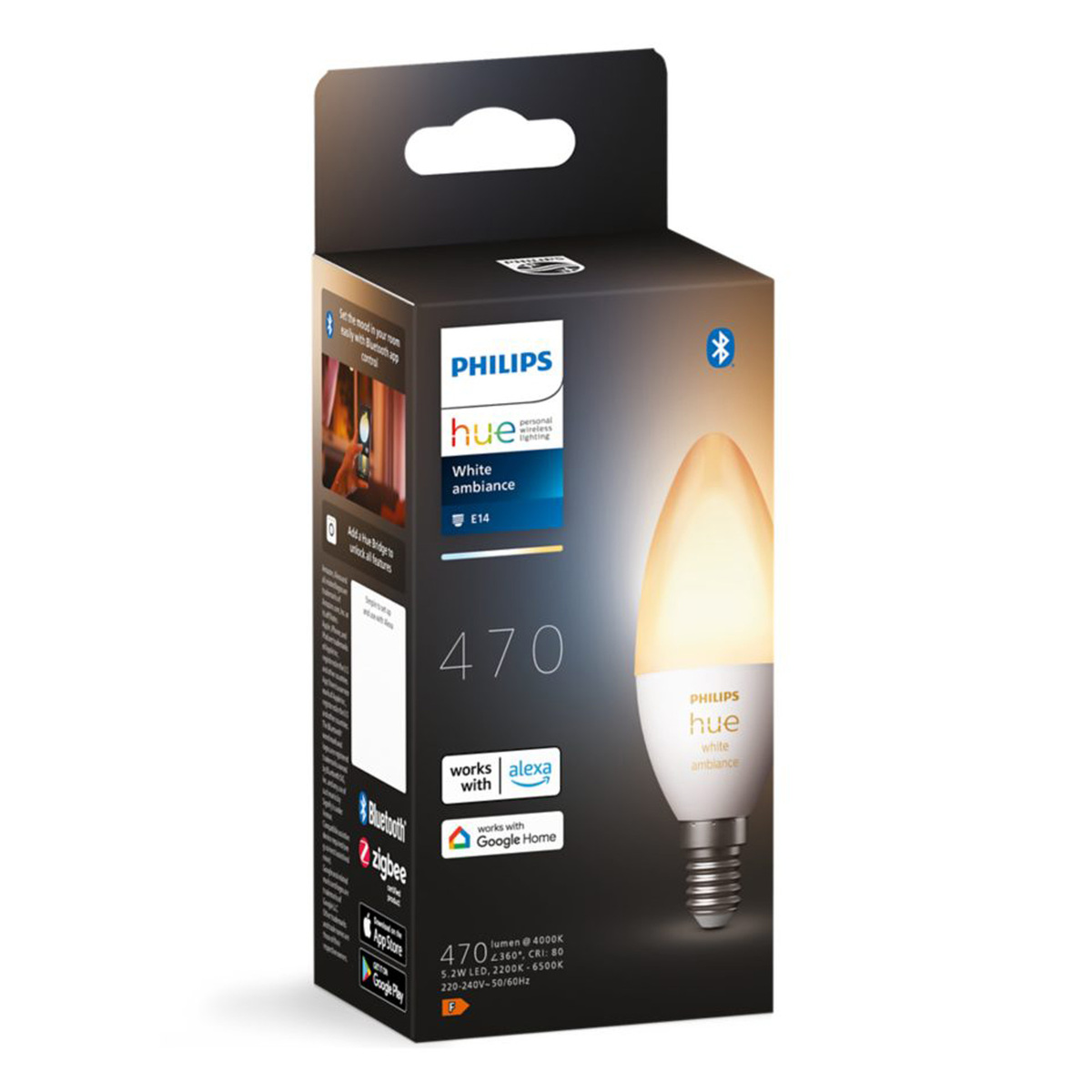 Philips Hue White Ambiance E14 Smart Candle Bulb, 5.2 W, 470 Lumen