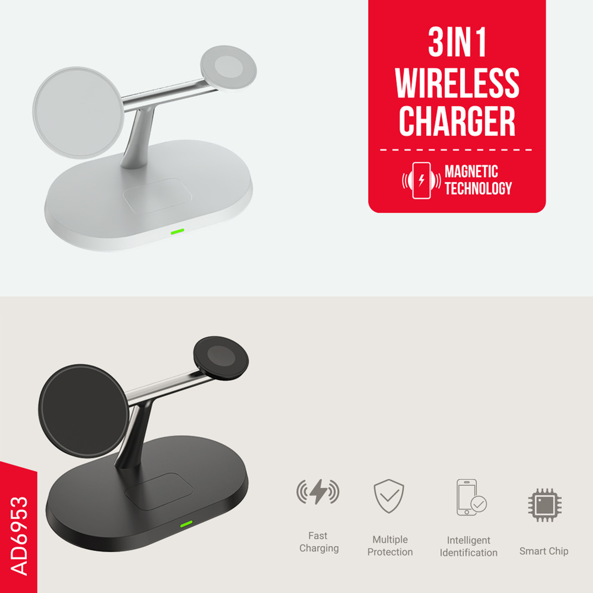 Trands 3 in 1 Wireless Charger for Smartphone, iWatch and Air Pods AD6953