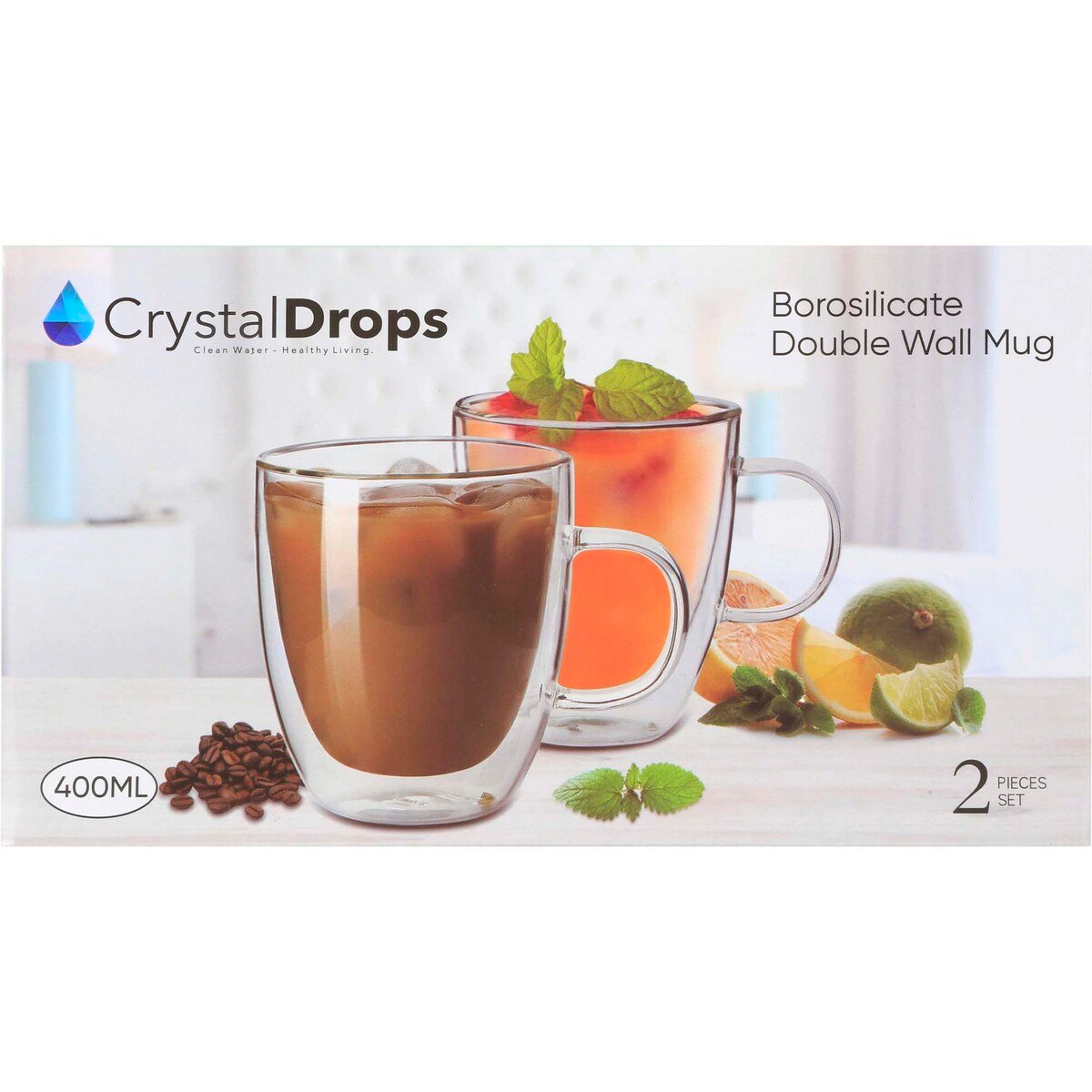 Crystal Drops Borosilicate Double Wall Mug Set, 400 ml, 2 Pcs, 201982