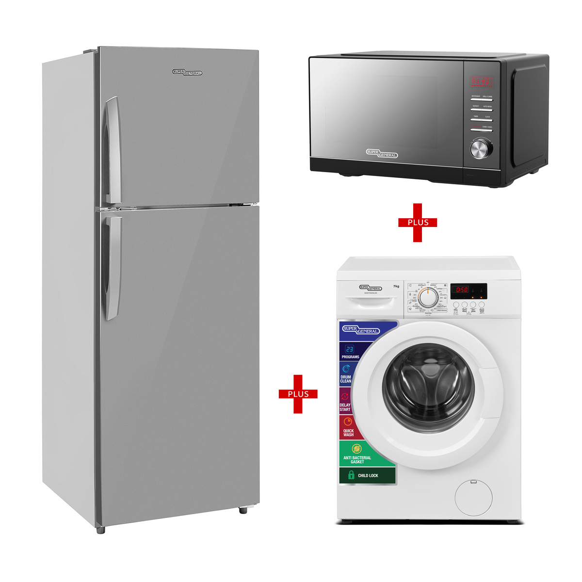 Super General Double Refrigerator SGR360I 251Ltr + Front Load Washing Machine 7kg, 1400 RPM, SGW7200NLED +  Microwave Oven 20LTR,700W, SGMM-921