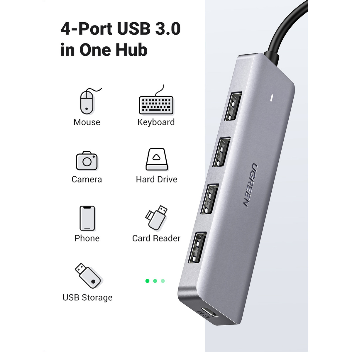Ugreen 4-Port USB 3.0 Hub with Micro USB Power Supply, Silver, 70336