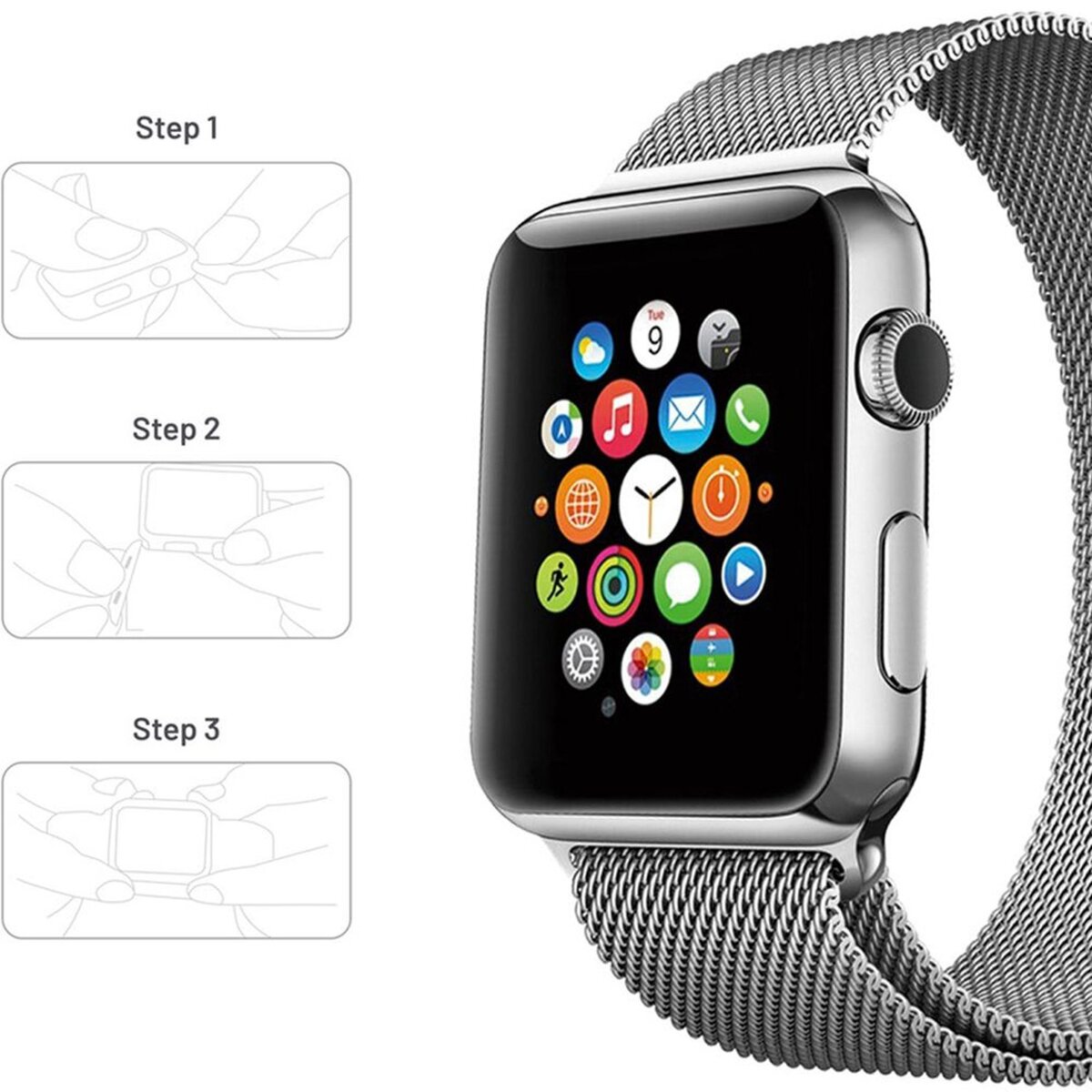 Porodo iGuard Steel Watch Strap for Apple Watch 44/45mm, Silver, PDMILOOP44-SL