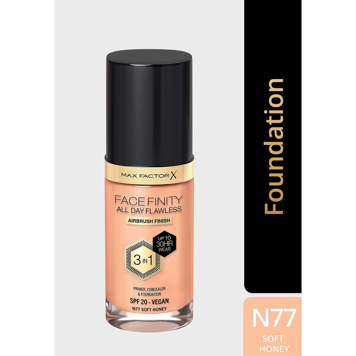 Max Factor Facefinity All Day Flawless Foundation, N77 Soft Honey, 30 ml