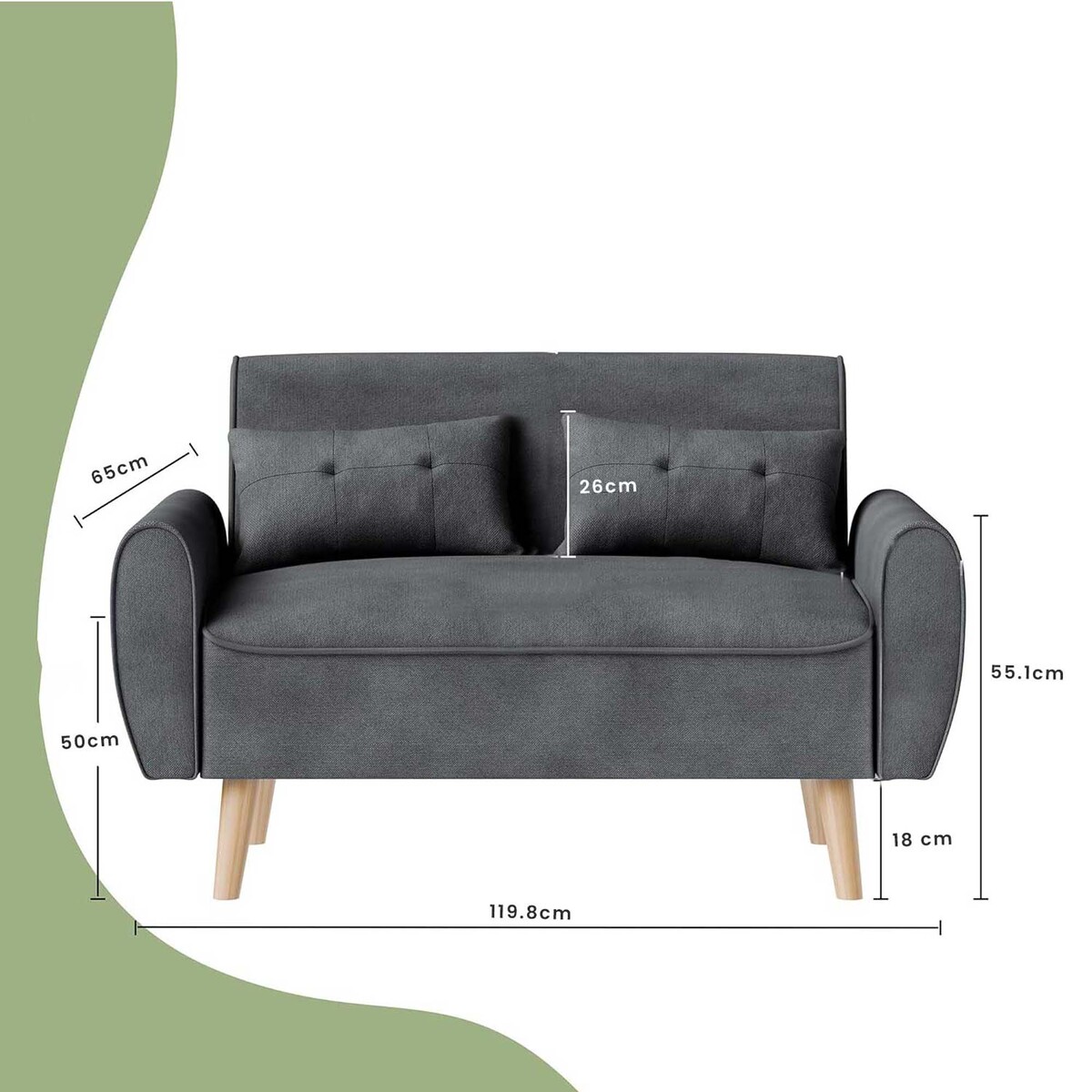 Chic Noir, Light Grey  2-Seater Sapce Saving Tufted Love Seat with Back Cushions and Tapered Wood Legs for Living Room