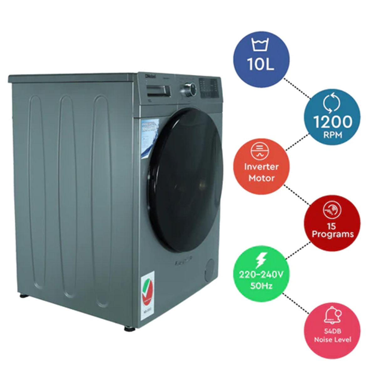 Nobel Front Load Washing Machine, 10 Kg, 1200 RPM, Silver/Black, NWM1000FS