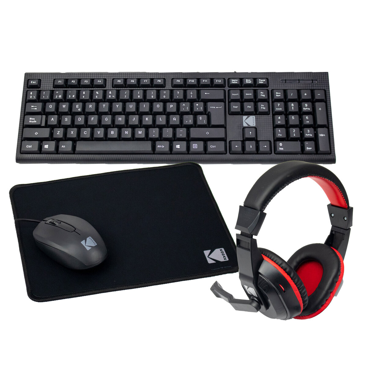Kodak 4 in 1 Office Combo Set, Wired Keyboard + Wired Mouse + Wired Headset + Mouse Pad Combo, Black, 4IN1COS-6702
