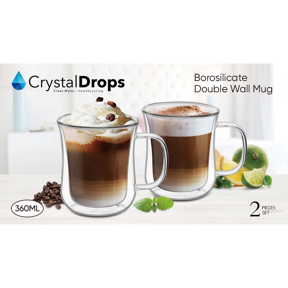 Crystal Drops Borosilicate Double Wall Mug Set, 360 ml, 2 Pcs, 20252